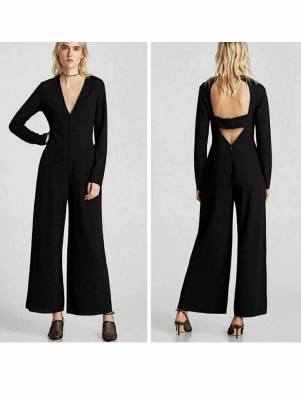 Zara Black Long-Sleeve Wide-Leg Jumpsuit with Back Cutout